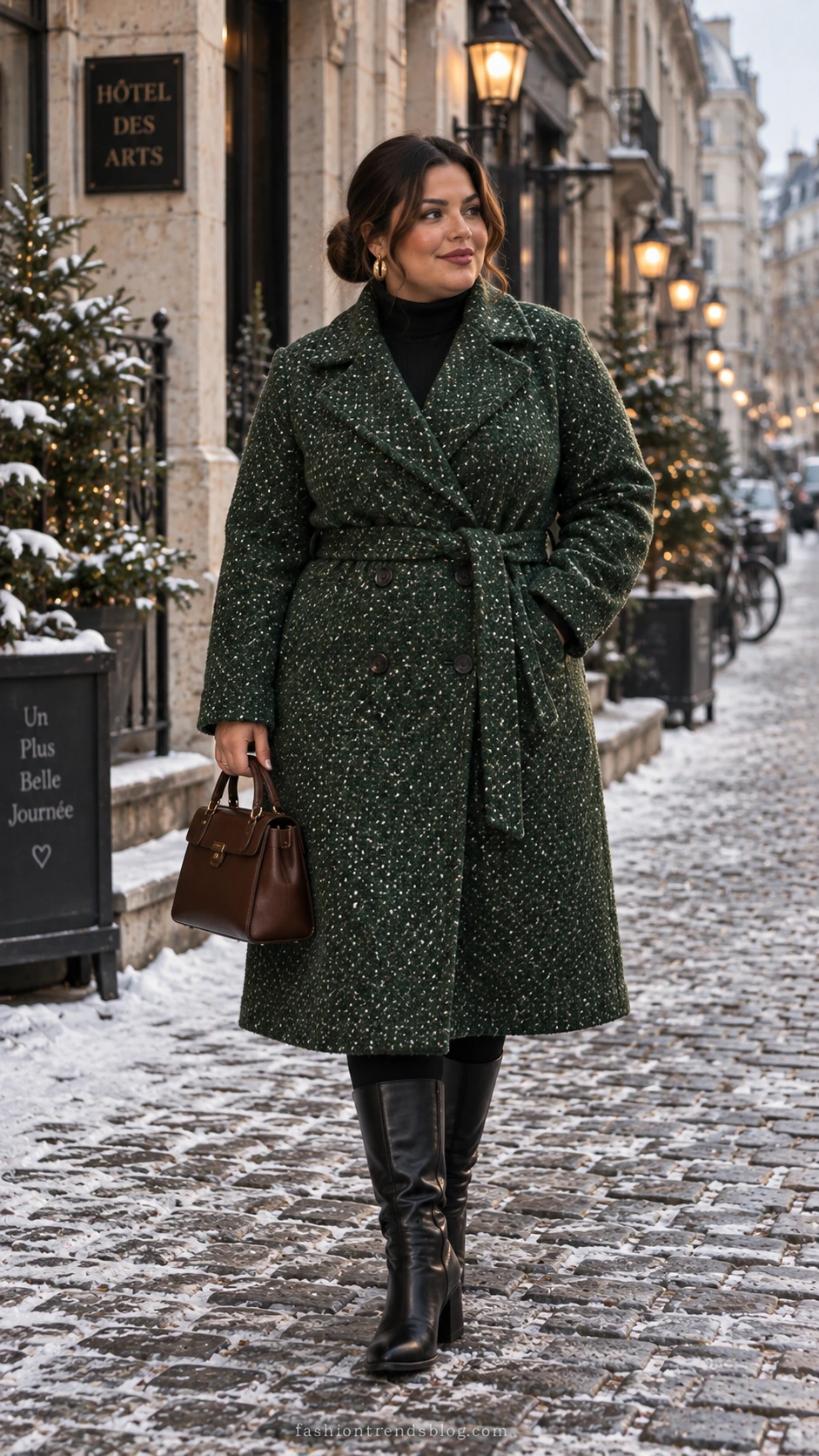 Plus size woman in a dramatic forest green double-breasted statement coat standing confidently on a snow-dusted European cobblestone street in winter
