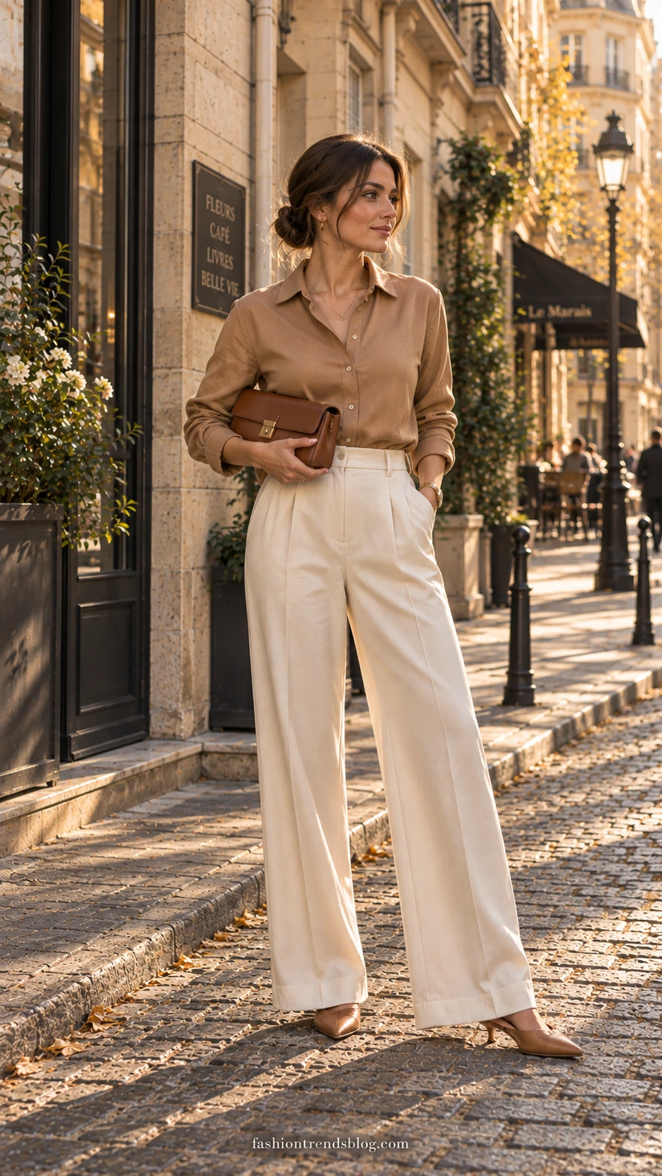 Parisian woman in ivory wide-leg trousers and camel blouse carrying a structured baguette bag on a cobblestone street