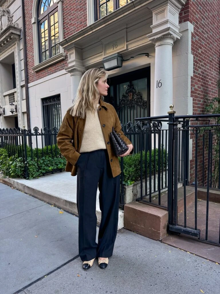 12- Suede Jacket, Cream Knit, and Wide-Leg Trousers
