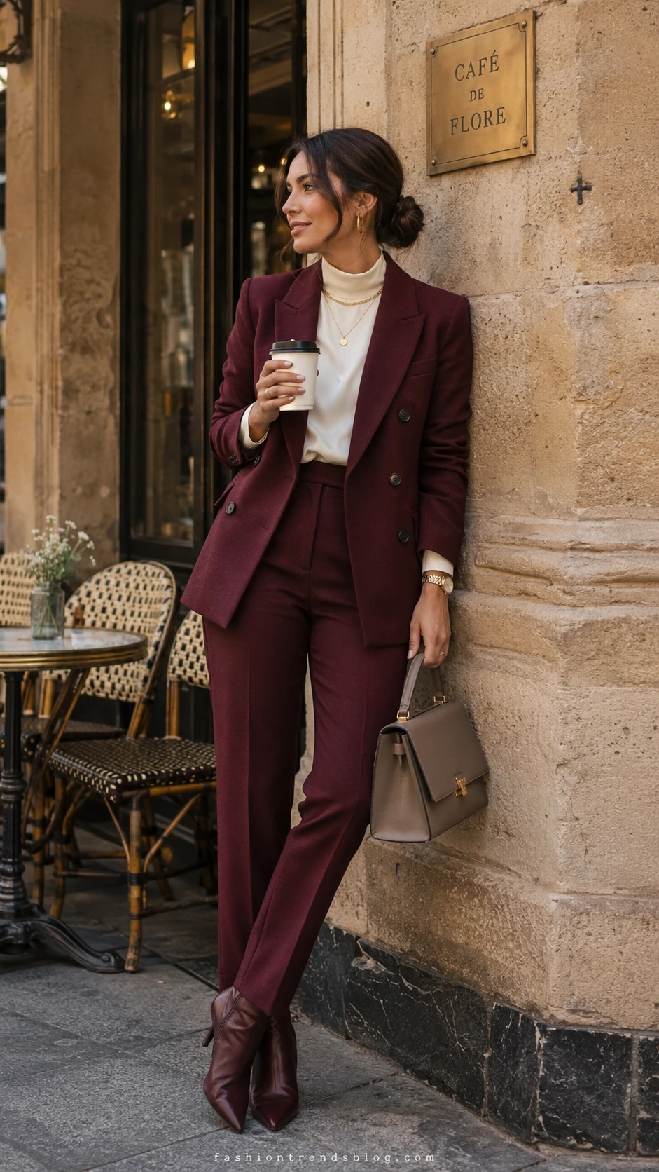 Woman in a tailored burgundy suit, cream silk blouse, and gold jewelry for a polished Burgundy Classy Outfit.