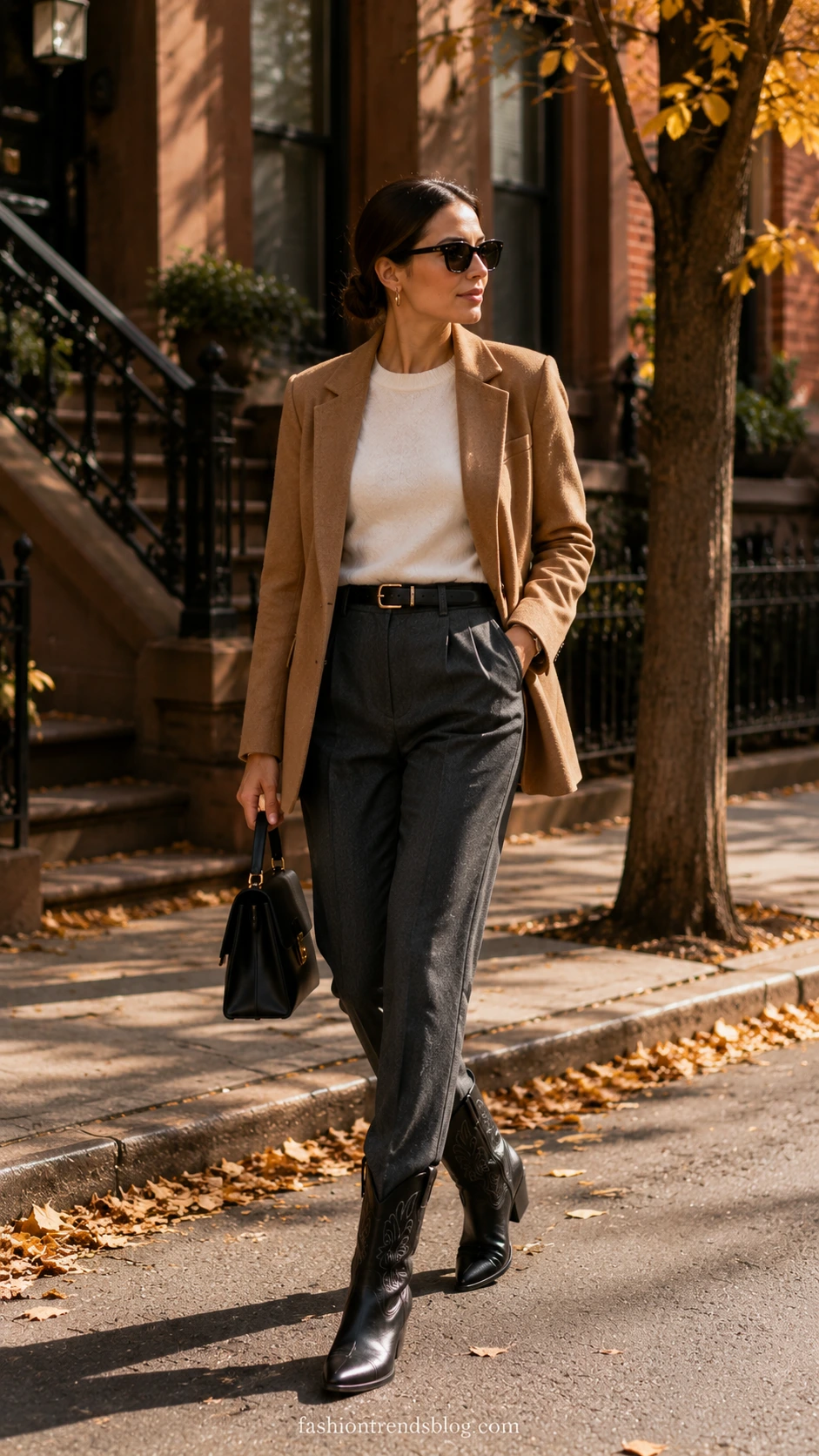 Woman in charcoal pleated tailored trousers and black leather western boots, a Classy Cowboy Boots Outfit for polished street style