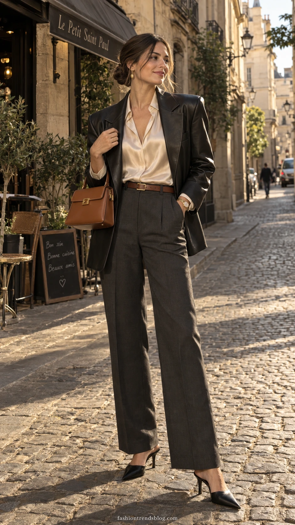Stylish woman wearing a black leather jacket over a silk blouse with tailored trousers on a sunlit European cobblestone street