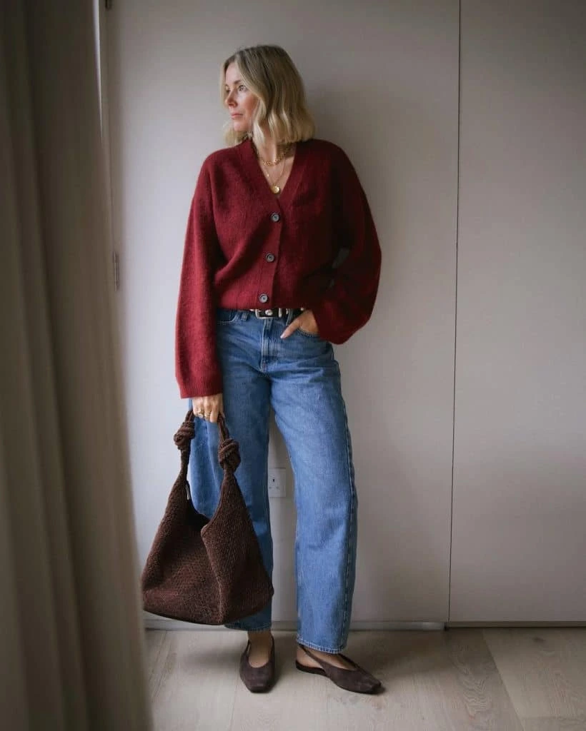 3- The Burgundy Cardigan and Barrel Jean Pairing