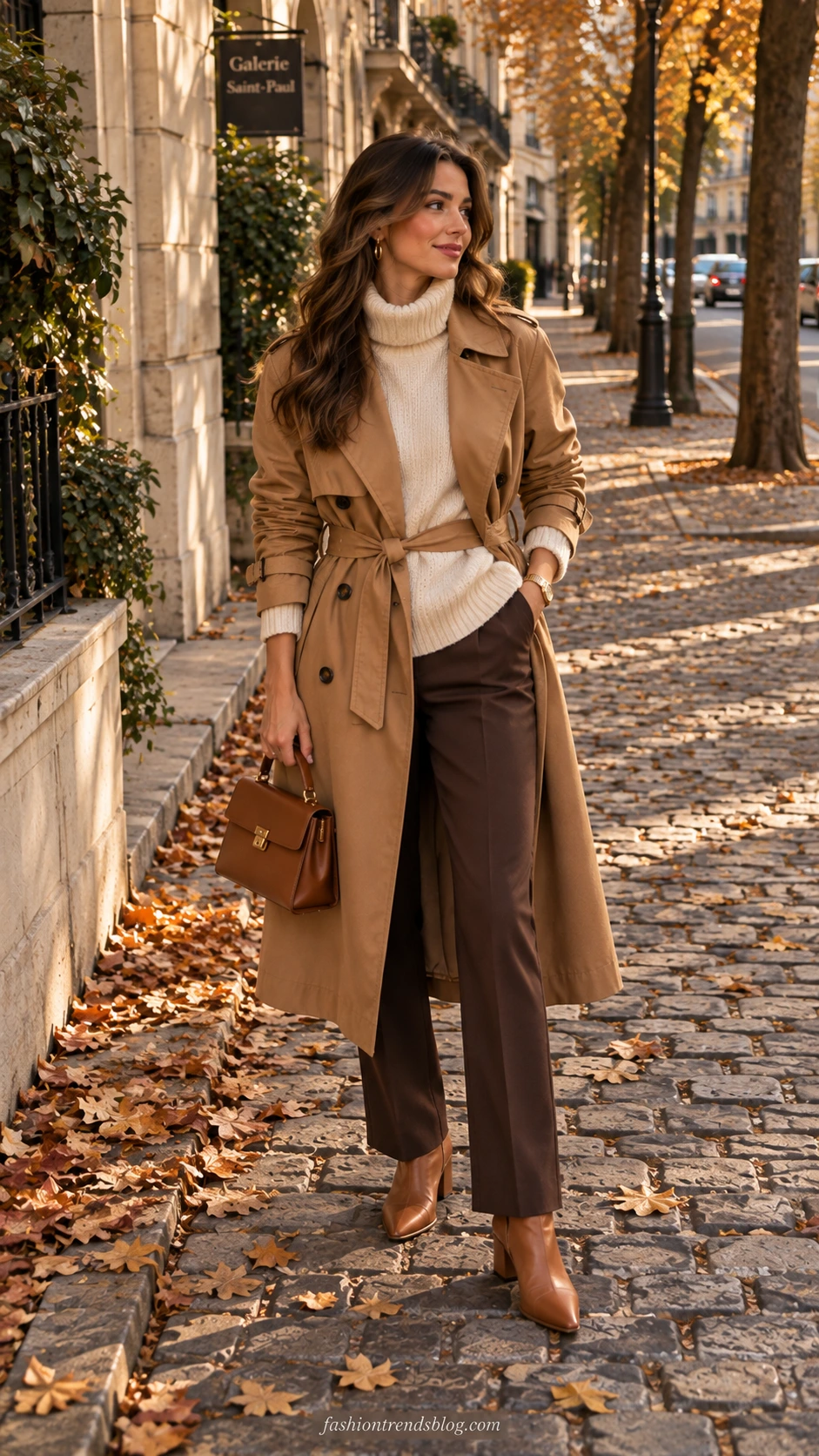 Woman in camel belted trench coat layered over a chunky cream knit sweater on an autumn cobblestone street — a cozy yet polished cold-weather outfit idea