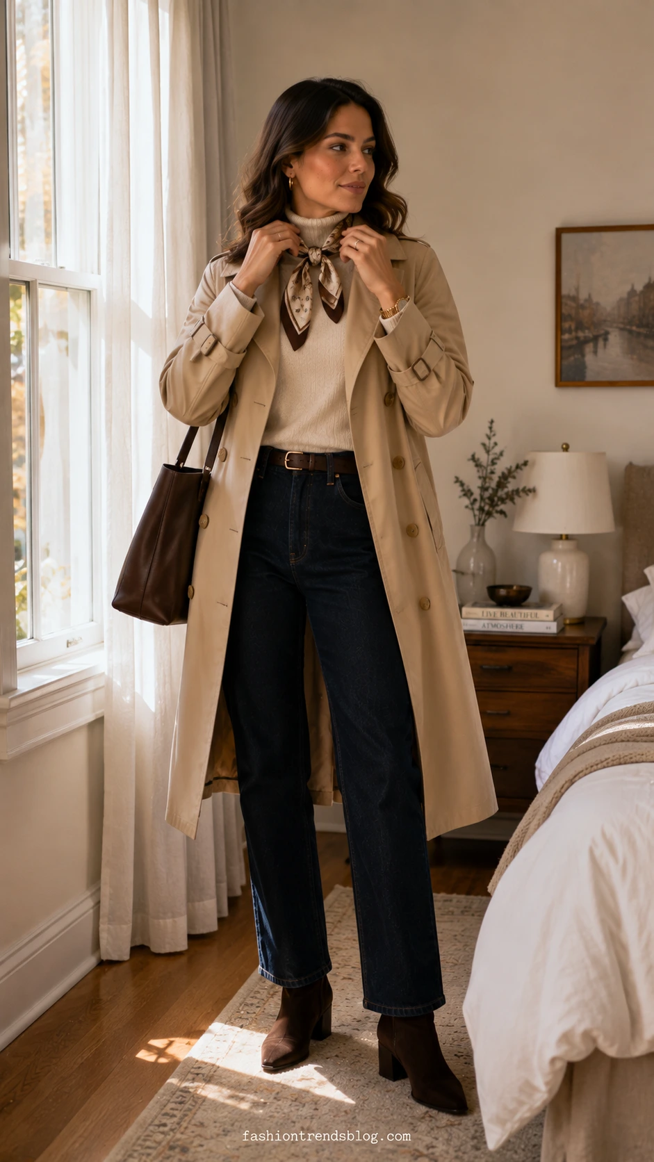 Woman in a beige trench, cream turtleneck, dark indigo jeans, and brown boots showing cute outfit ideas for fall.