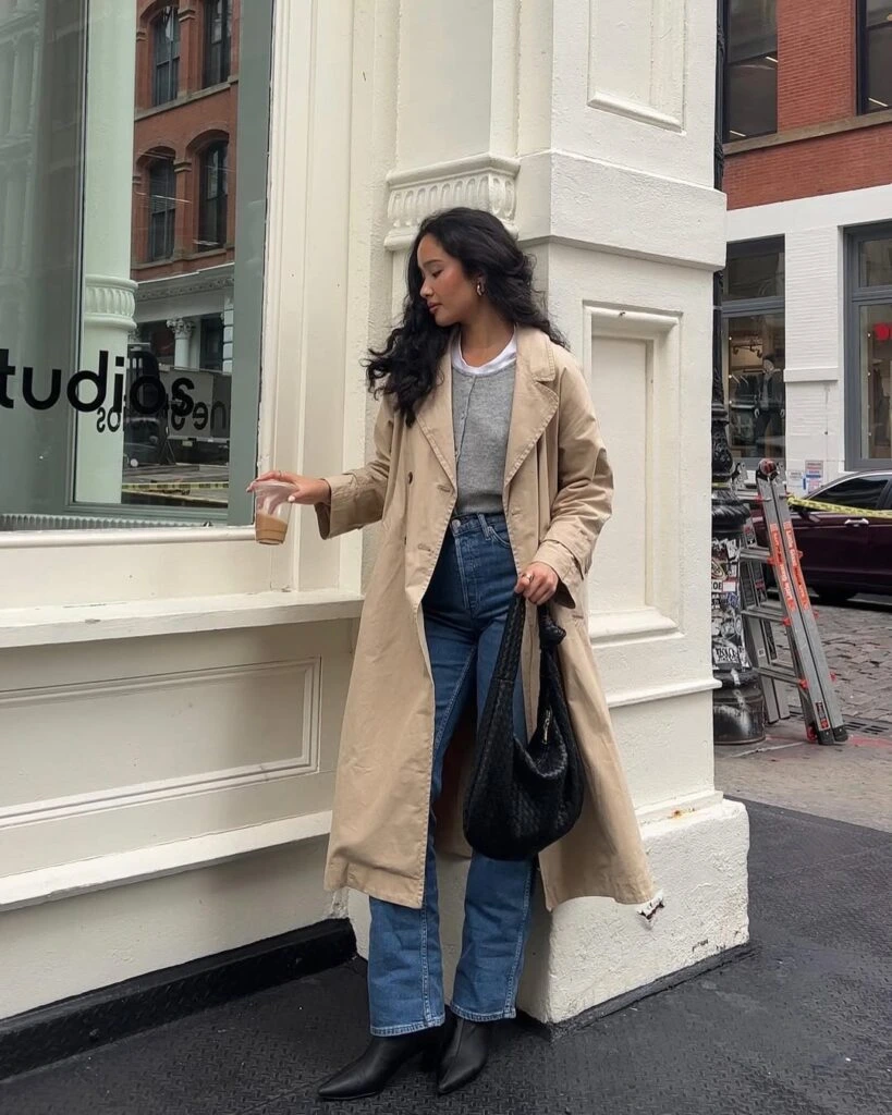 6- Trench Coat, Grey Knit, and Straight-Leg Jeans