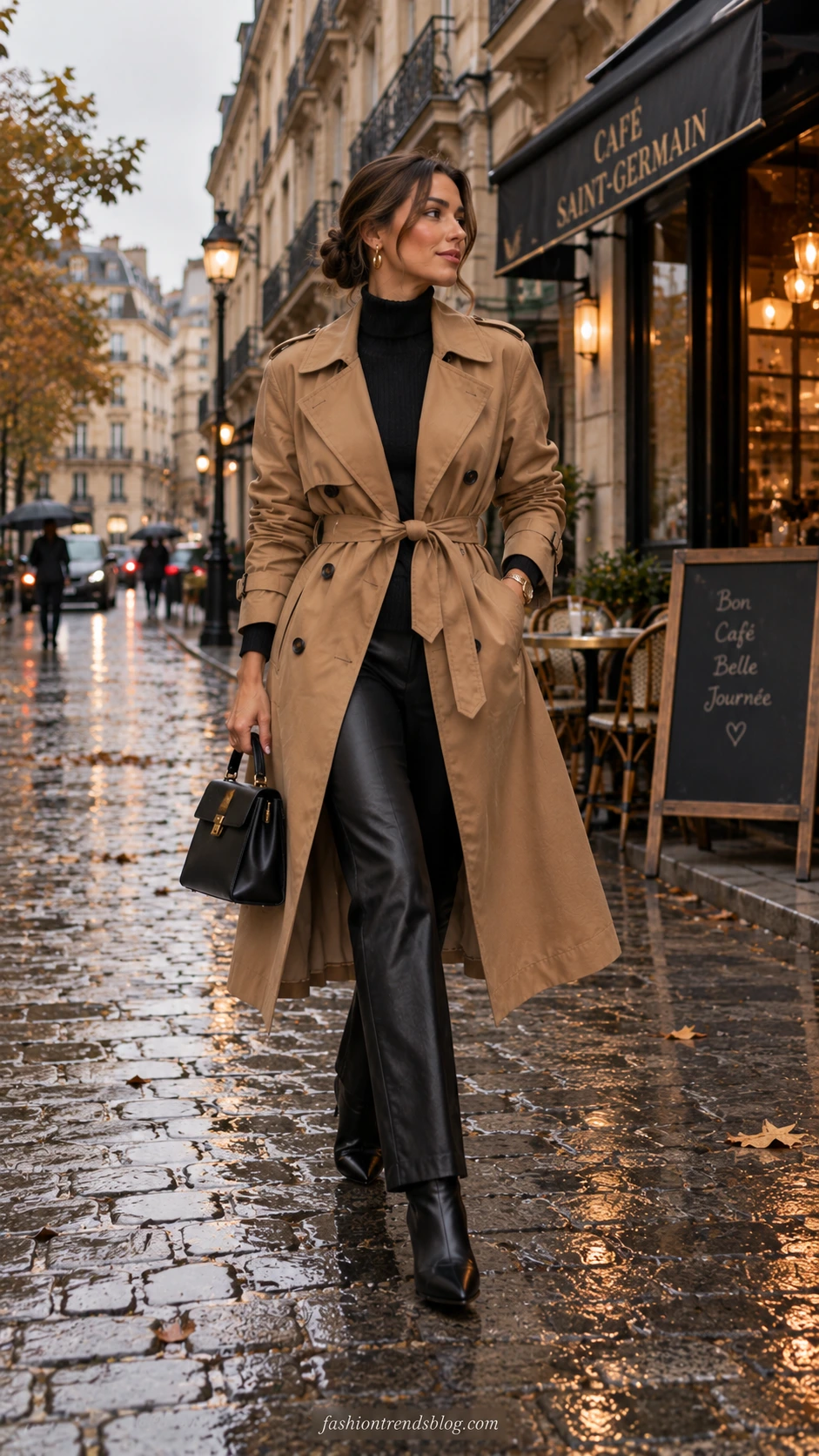 Woman in belted trench coat paired with sleek leather trousers walking confidently on wet European cobblestone street, showing a polished street style outfit