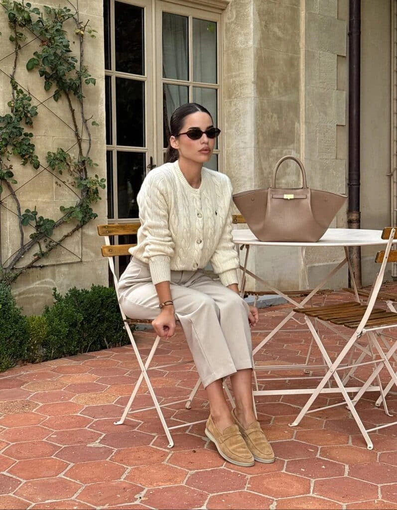 8- Tuck In a Cream Cable-Knit Cardigan