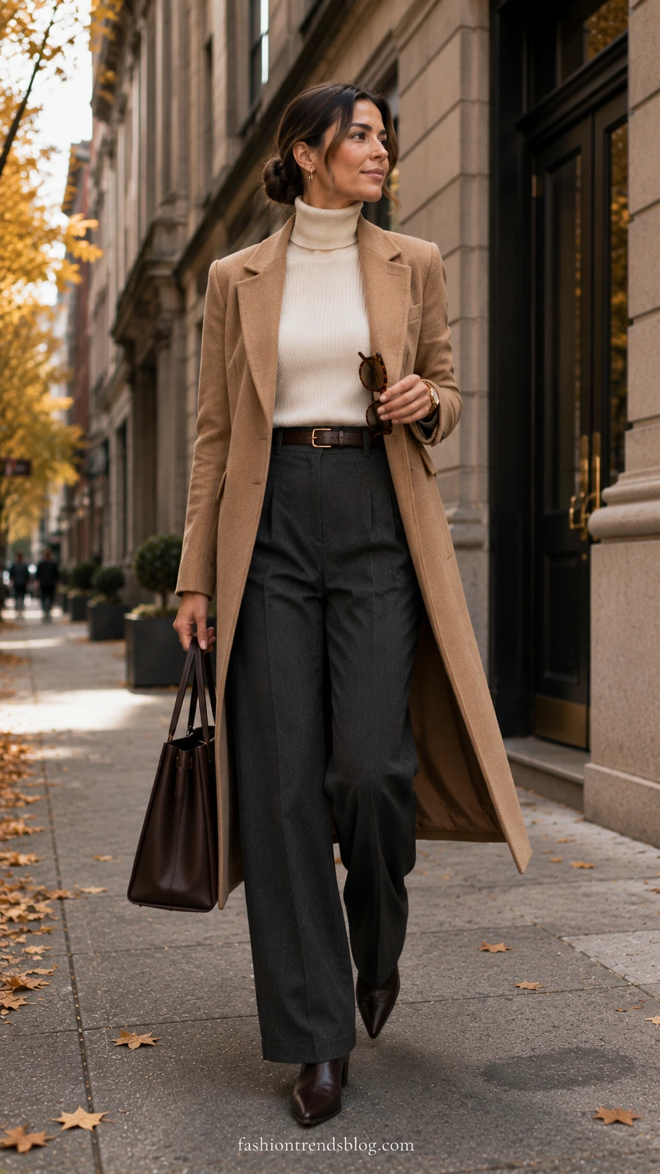 Woman in a fall office work outfit with ivory turtleneck, charcoal wide-leg trousers, camel wool coat, and brown boots.