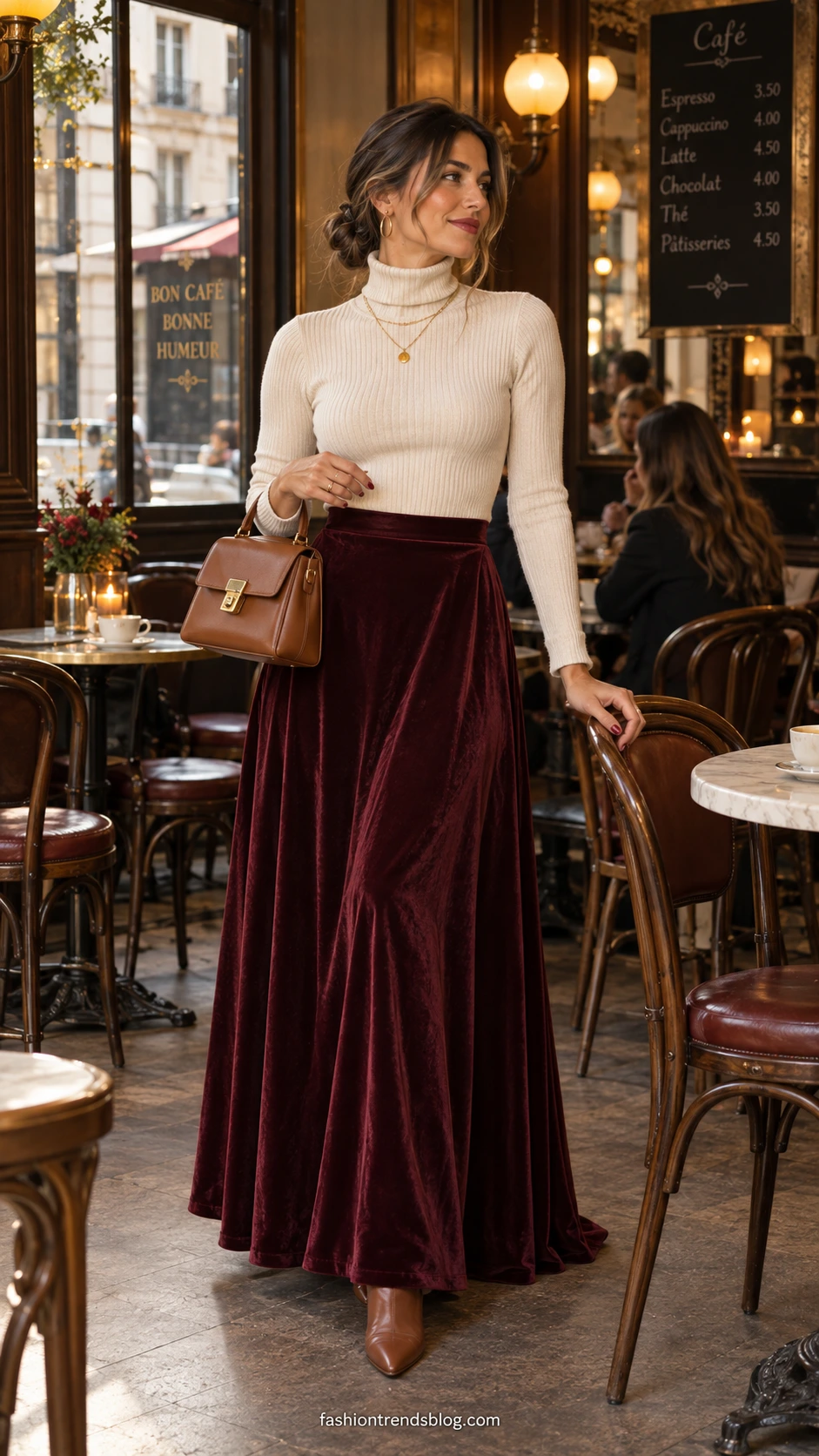 Woman in deep burgundy velvet maxi skirt and cropped turtleneck standing in cozy European café with amber winter lighting