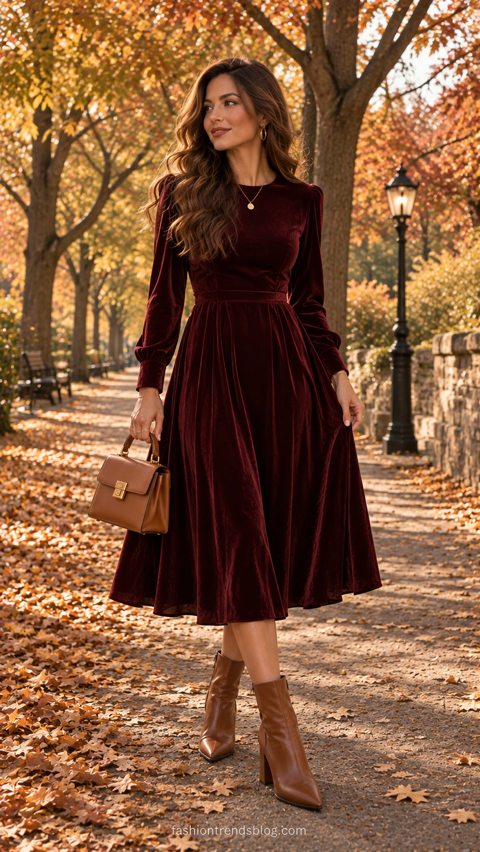 Woman in deep burgundy velvet midi dress with fitted bodice and long sleeves, a polished fall wedding guest outfit with luxurious texture