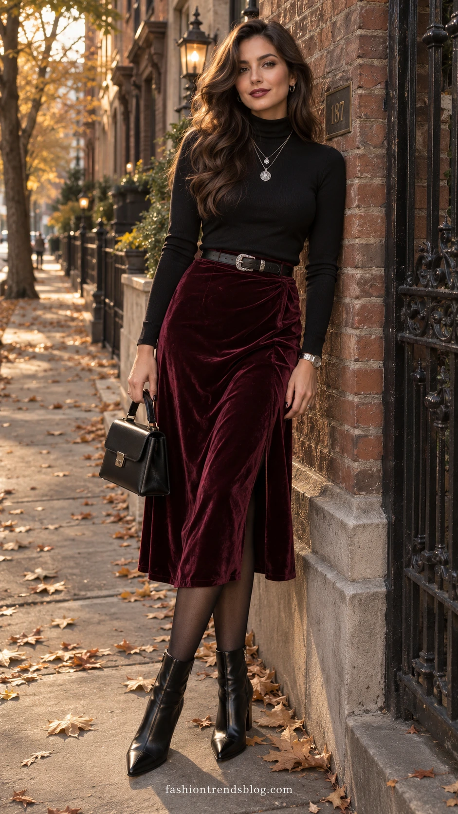 Woman in oxblood velvet midi skirt, fitted black top, tights, boots, and silver pendants for a Gothic Halloween outfit