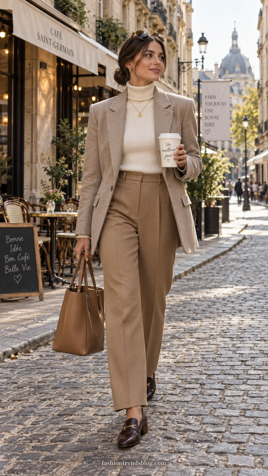 Woman in a chic neutral blazer walking confidently on a cobblestone Parisian street, embodying the effortless France travel outfit formula