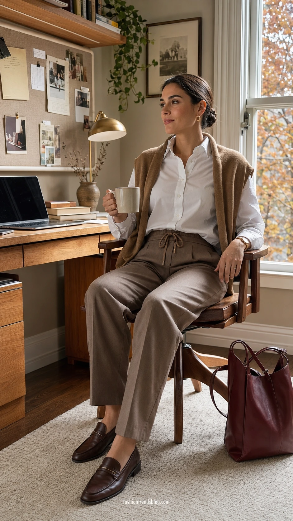Woman in a white button-down, taupe drawstring trousers, and loafers sits in a warm home office, a polished Fall Office Work Outfit.