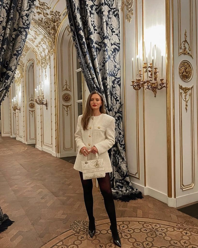8- White Embellished Mini Dress With Black Tights