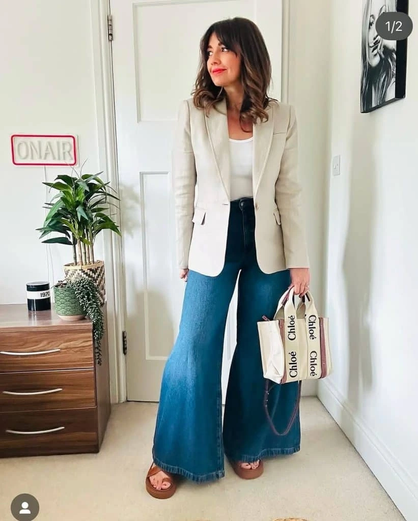 2- White Flares with a Cream Blazer
