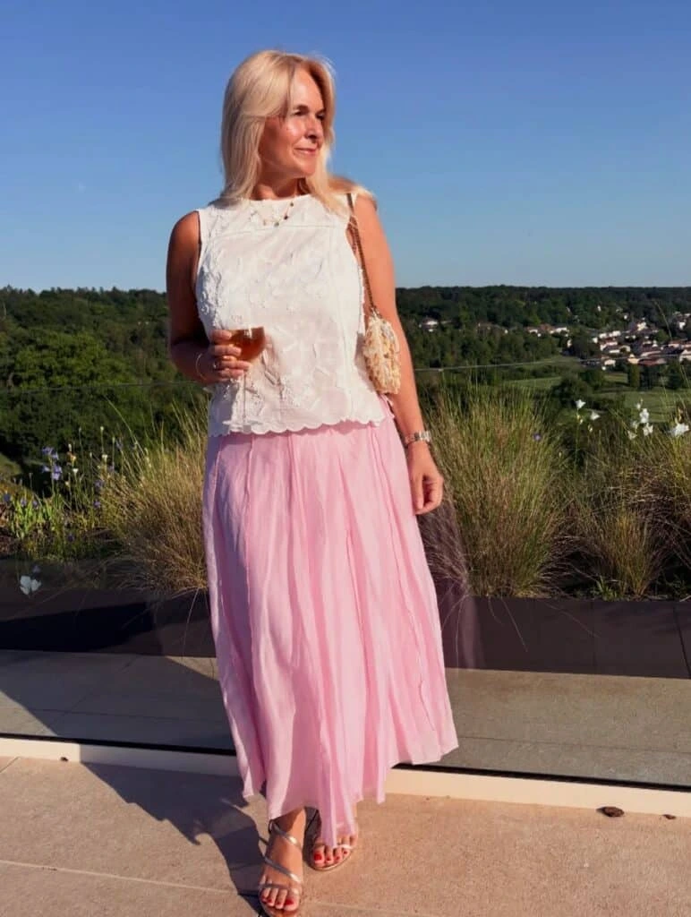 13- White Lace Top with a Blush Midi Skirt