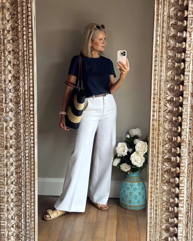1- White Pants with a Navy Top