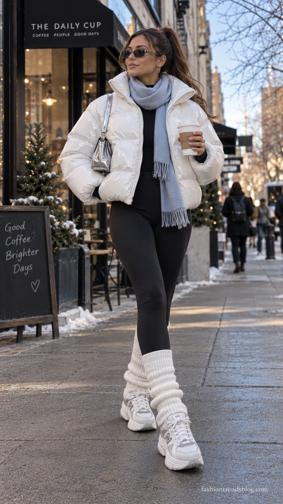 Woman in a glossy white puffer, black leggings, and leg warmers walks past a café, a sporty take on Y2K winter outfit ideas