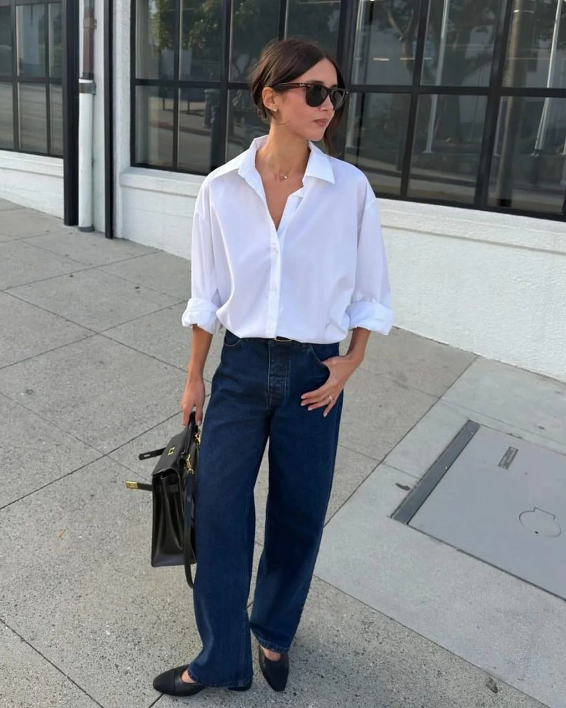 8- White Shirt with Wide-Leg Denim