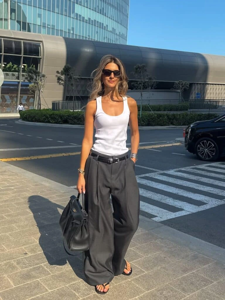 9- White Tank and Charcoal Wide Legs