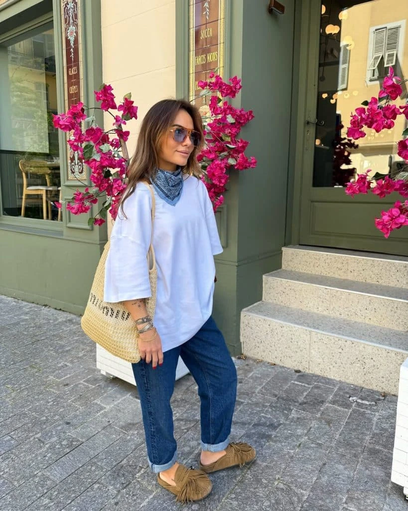 13- White Tee and Jeans with a Loose Scarf