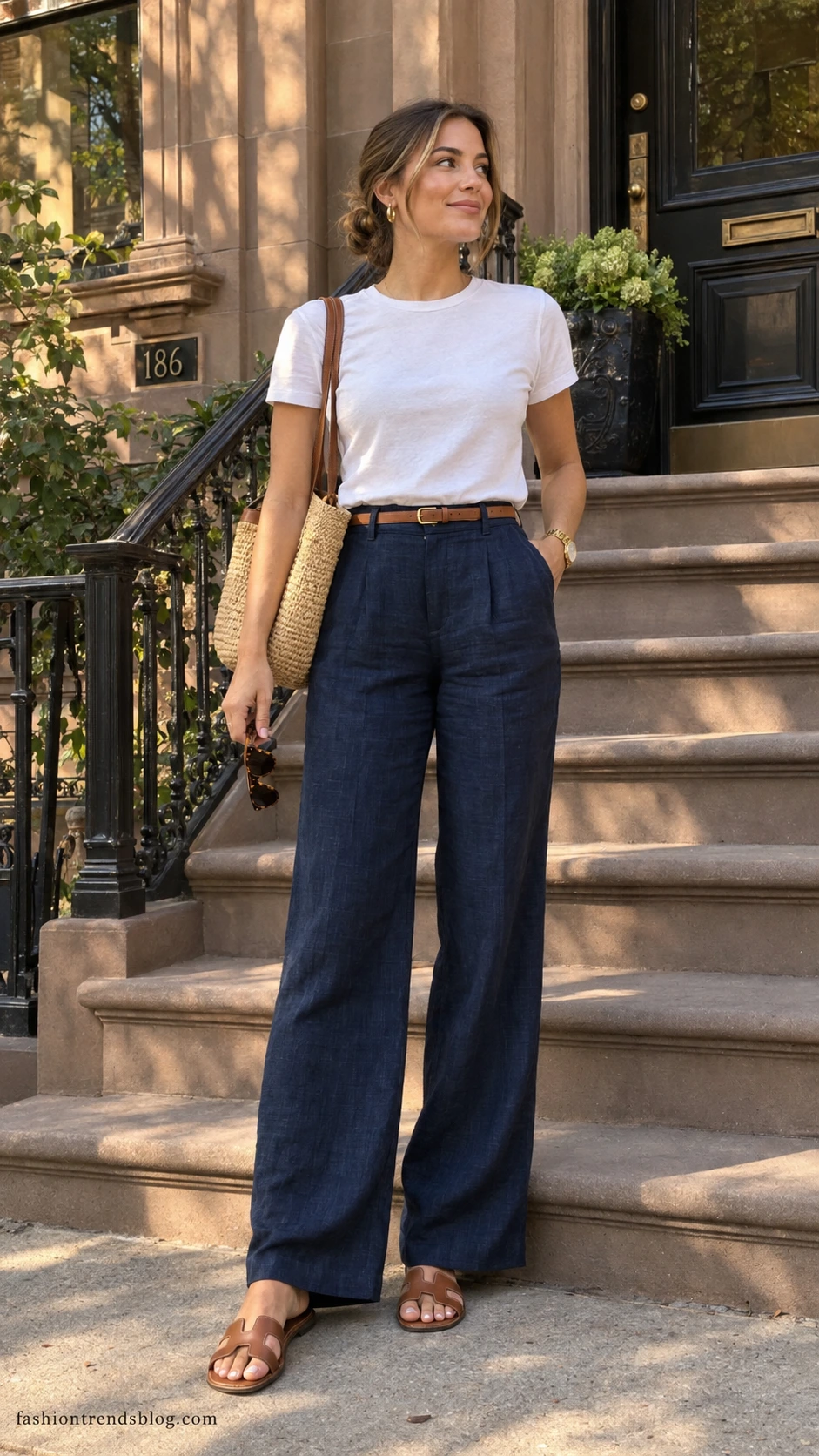 Woman on a brownstone stoop in a white tee, navy wide-leg trousers, tan belt, and sandals for a casual linen pants outfit