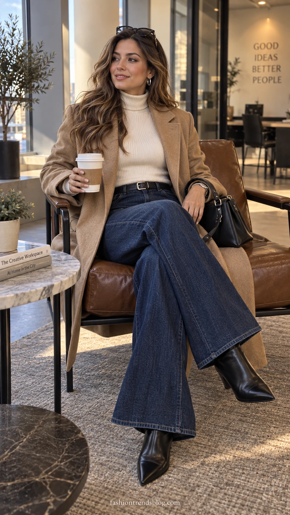 Woman in dark wide-leg jeans, ivory top, and a long wool coat sits on a leather chair for Y2K winter outfit ideas