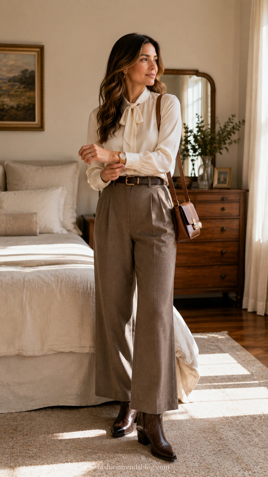 Woman in taupe wide-leg trousers and ivory silk bow blouse, a classy cowboy boots outfit idea, in a sunlit bedroom