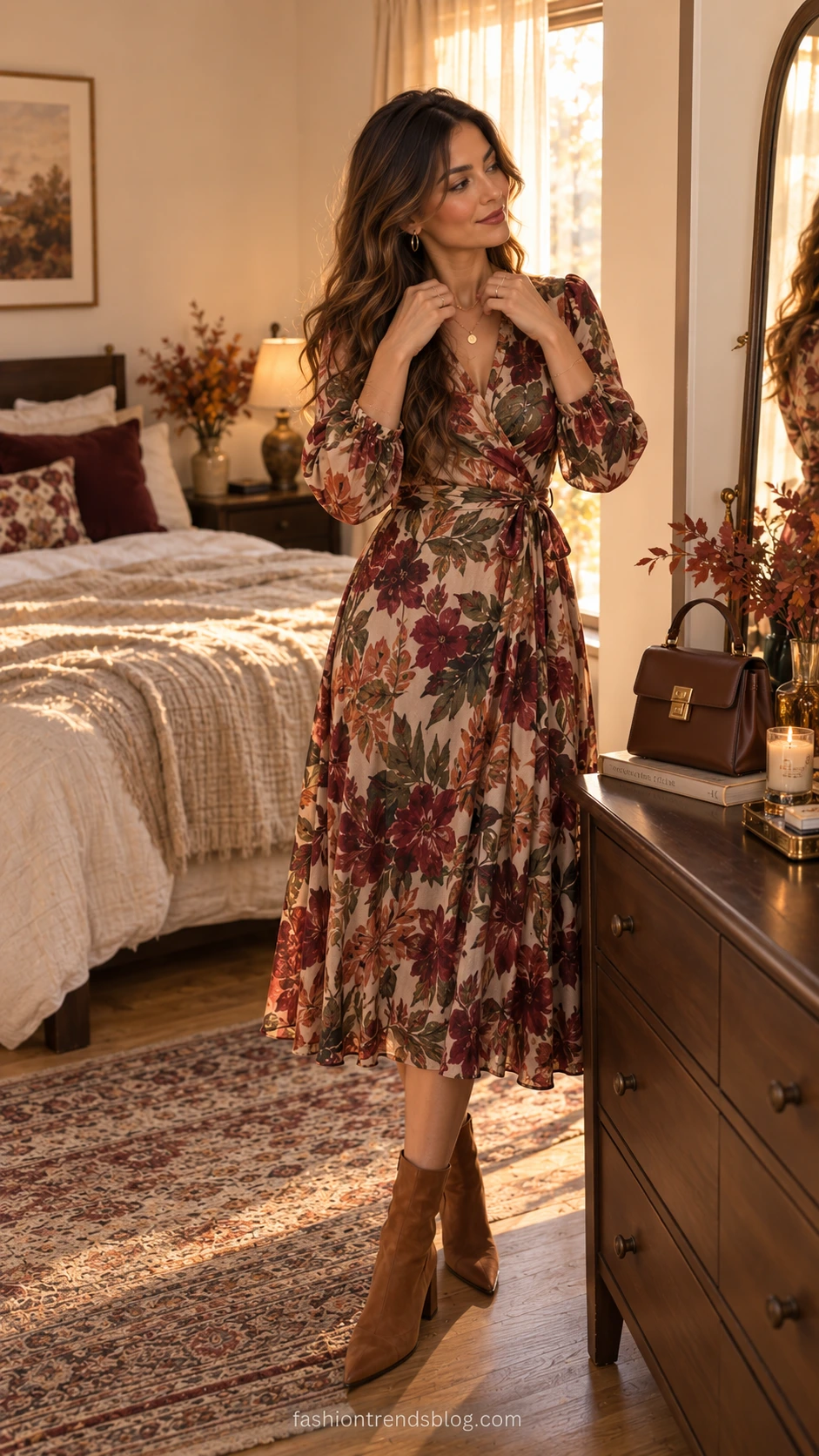 Woman adjusting gold necklace in mirror wearing a flowing midi wrap dress in burgundy and sage botanical print — a polished fall wedding guest outfit