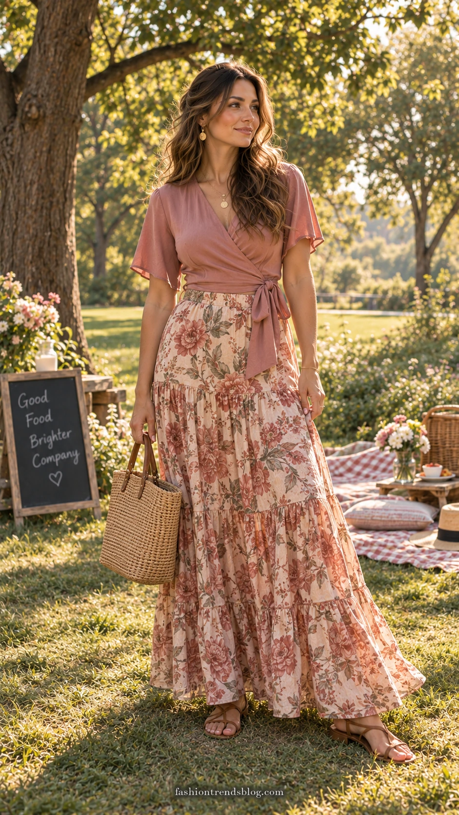 Woman in dusty rose wrap top and tiered maxi skirt at a sunlit park picnic, showing how to look effortlessly elegant for a birthday celebration outdoors