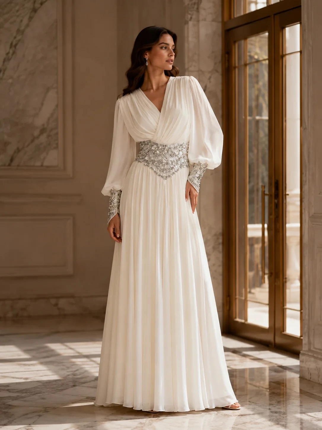 Woman wearing a floor-length white chiffon evening gown with long sheer sleeves and fitted bodice.