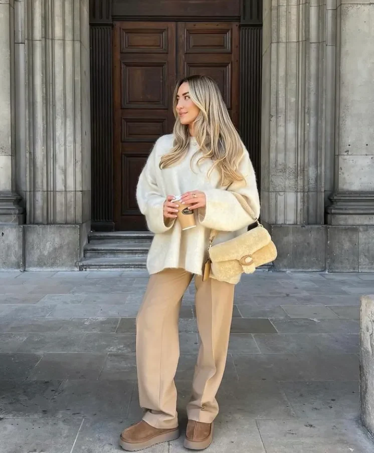 This look combines a soft, oversized cream sweater with tailored beige trousers for a harmonious blend of comfort and style. Matched with cozy tan boots and a plush beige crossbody bag, this ensemble is perfect for chilly mornings or casual city strolls.