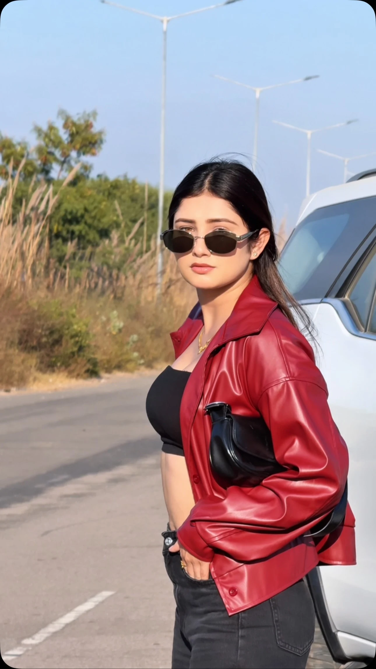Shiny red moto jacket open over black crop top, wide-leg jeans, heeled sandals, and shoulder bag.