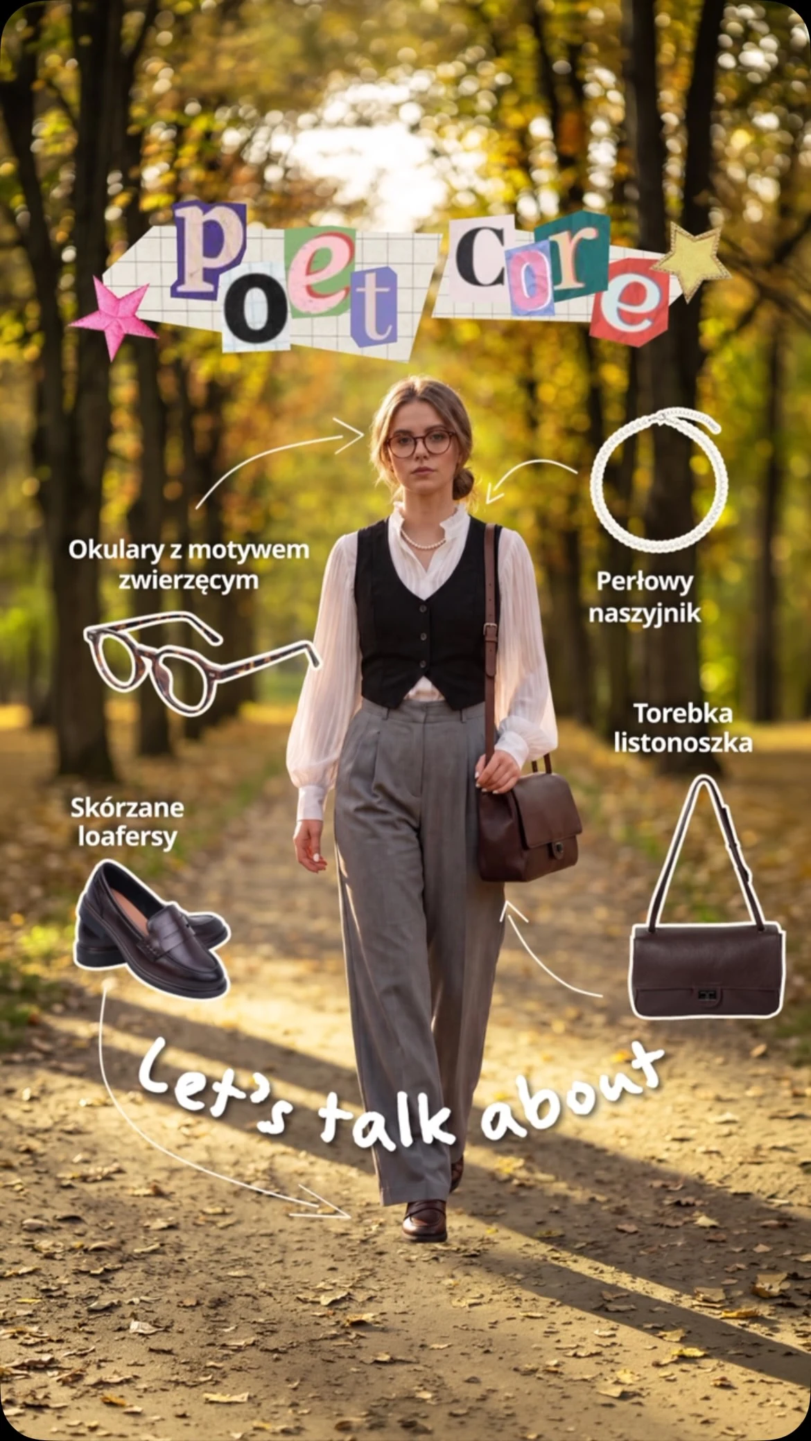 Model wears a white blouse, black vest, gray pleated trousers, and dark brown shoulder bag.