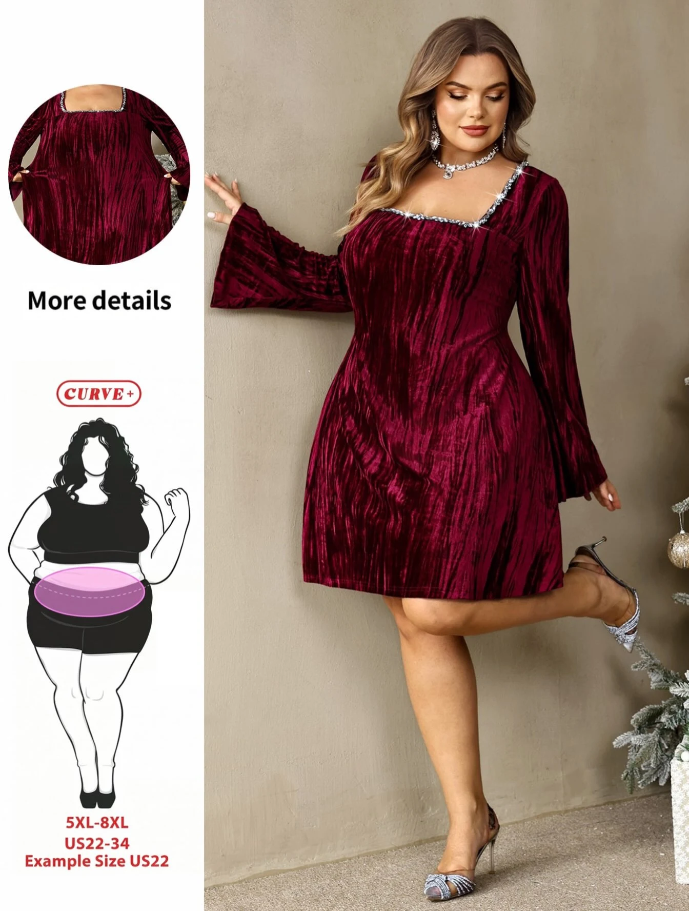 Short burgundy square-neck dress with flared sleeves, silver heels, and matching choker and earrings.