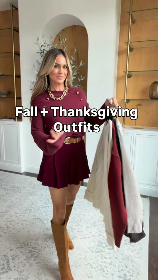 Burgundy matching sweater and pleated mini skirt styled with a wide belt and tan knee-high boots.