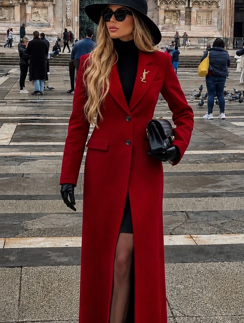 Long bright red coat worn with black turtleneck, wide-brim hat, gloves, and heeled boots.