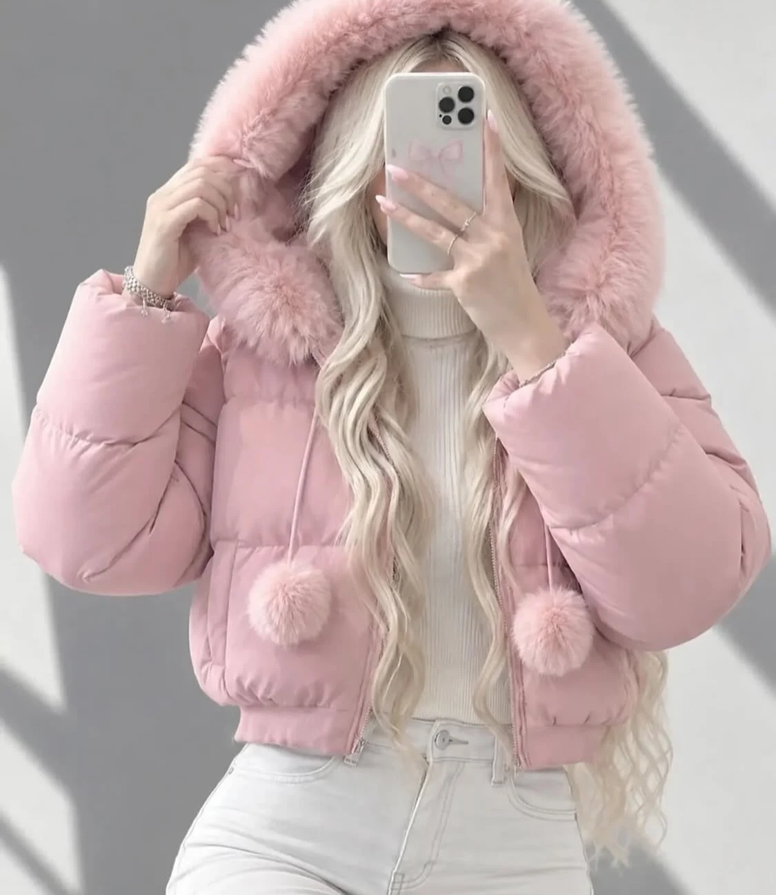 Pale pink cropped puffer with pom-poms over a cream ribbed sweater and light jeans.