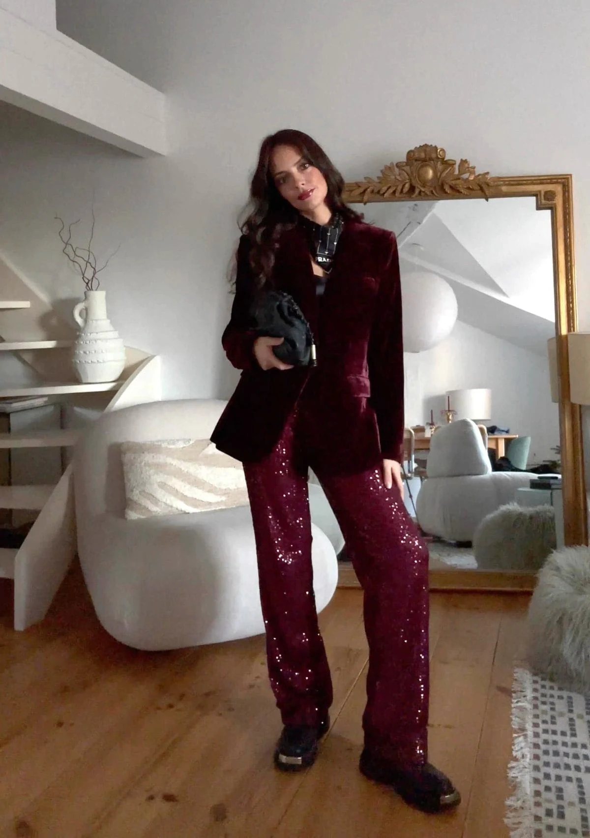 Burgundy blazer paired with matching sequin pants for a glamorous concert night out.