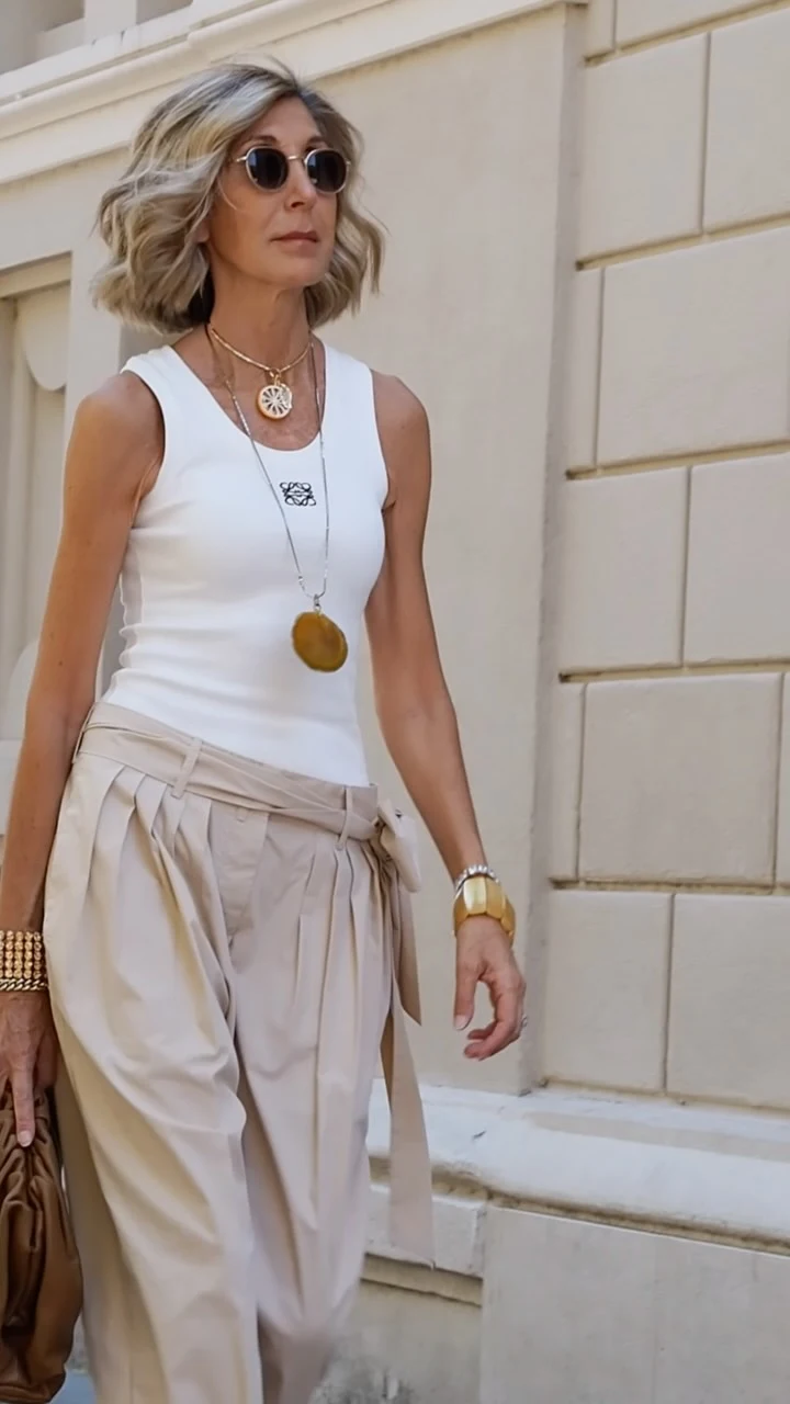 A white sleeveless tank top is tucked into high-waisted, pale beige trousers with prominent front pleats and a loose, wide-leg shape. A long matching fabric tie hangs down the front. The outfit is accessorized with round dark sunglasses, layered necklaces with circular pendants, a gold-toned wristwatch, and a bracelet. A brown woven bag is partly visible at the left edge. The trousers fall toward the bottom of the frame, and the shoes are not visible.