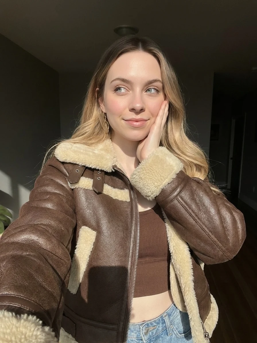 Cropped brown shearling jacket with cream trim worn open over a brown ribbed top and light blue jeans.