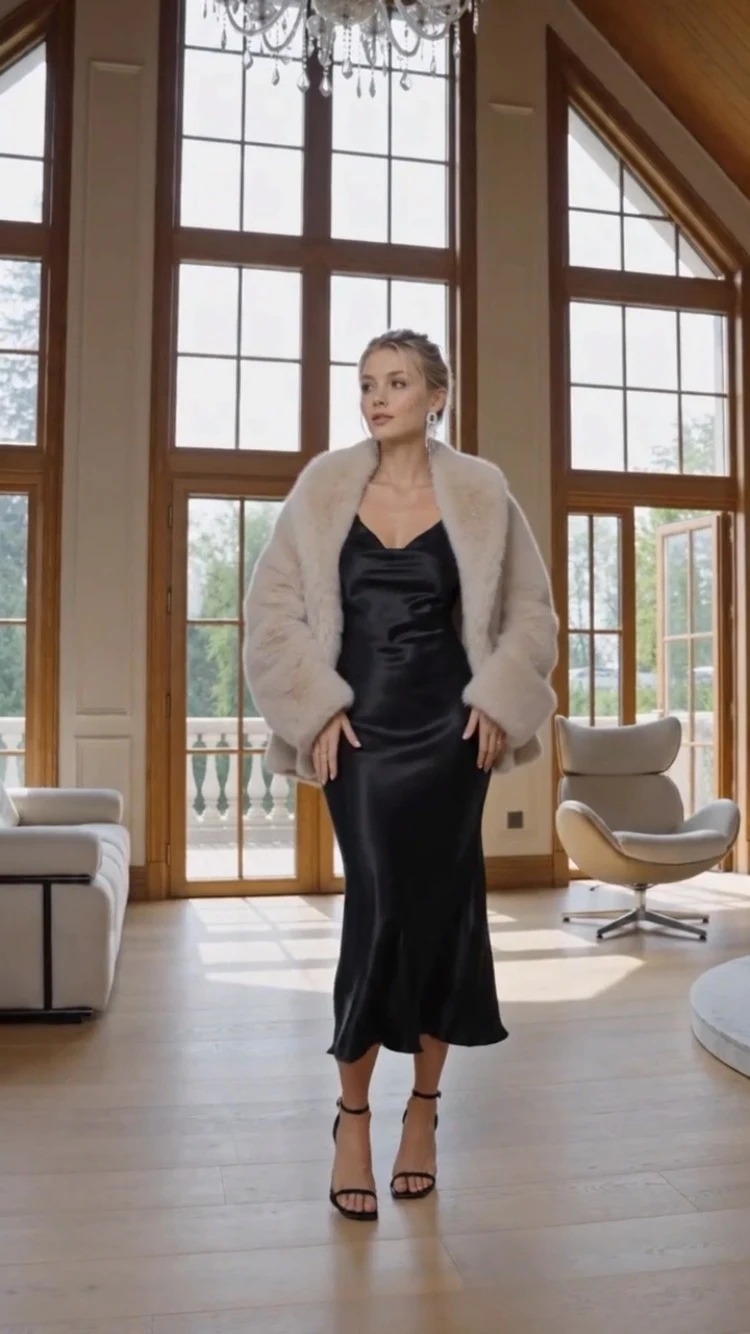 Black midi slip dress worn under an open cream fur jacket with black open-toe heeled sandals.
