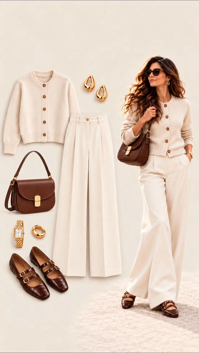 Woman in matching cream cardigan and wide-leg trousers with brown shoes and shoulder bag.