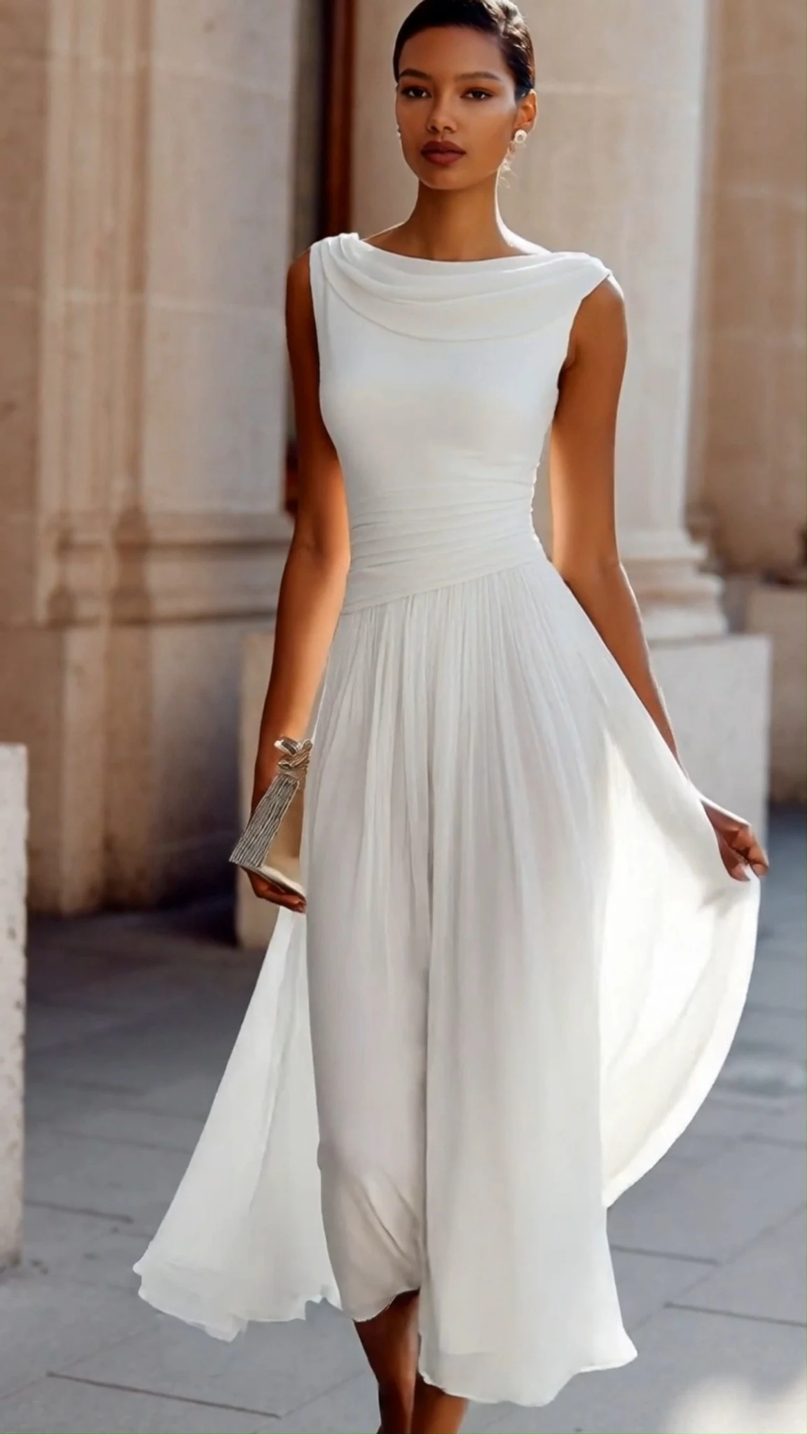 Woman in a sleeveless white draped maxi dress with flowing soft folds on a city sidewalk.