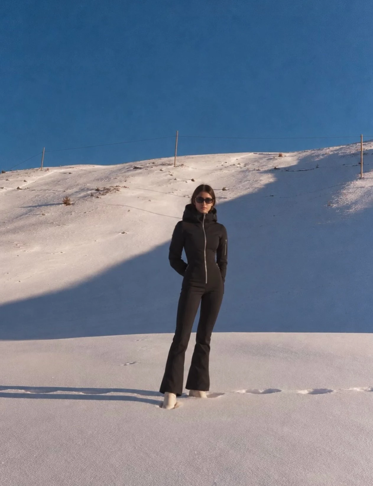 Fitted black hooded jumpsuit with flared legs, light boots, and sunglasses on a snowy slope.