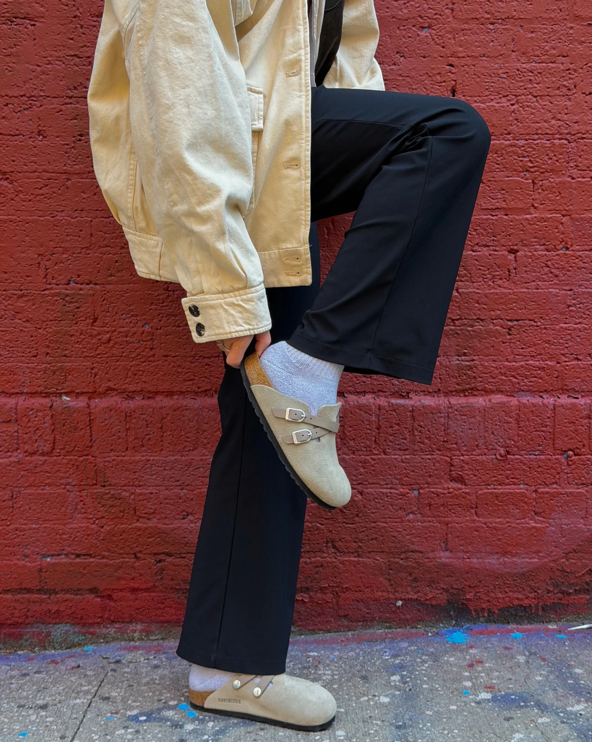 Olive green Blair clogs styled with black trousers, denim shorts, and white shorts in three variations.