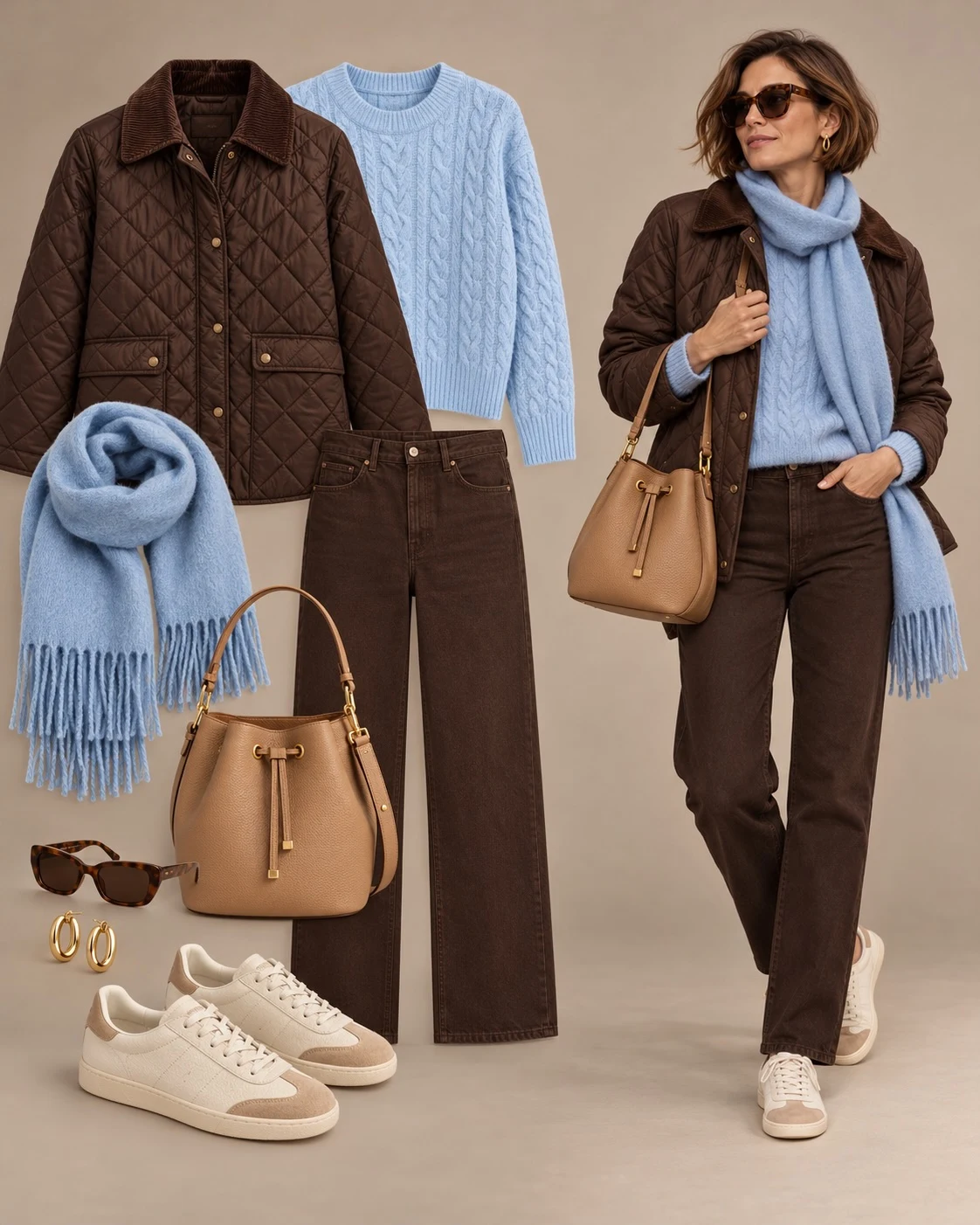 Flat-lay of a brown quilted jacket, blue cable-knit sweater, brown trousers, blue scarf, and white sneakers.