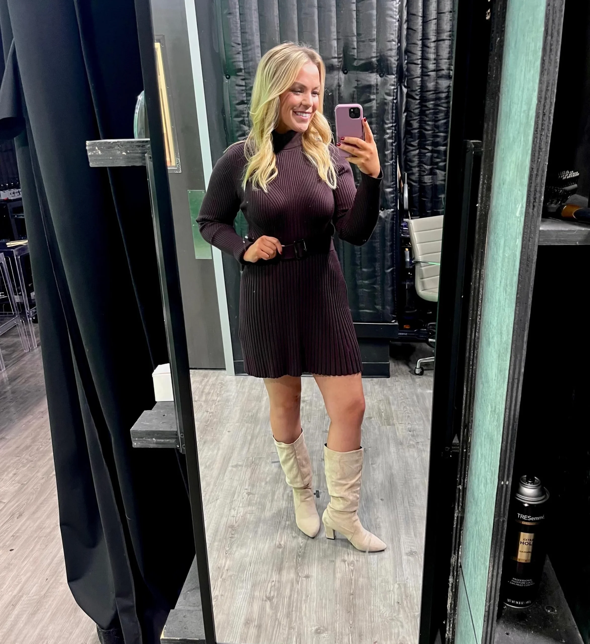 dark brown long-sleeve ribbed turtleneck sweater dress with black belt, cream knee-high heeled boots