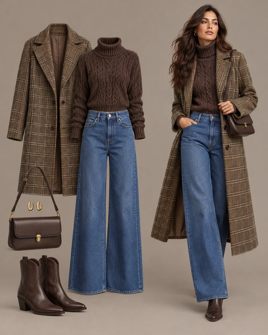 cream cable knit sweater, blue wide-leg jeans, brown suede shoulder bag, brown cowboy ankle boots